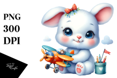 Smiling Baby Bunny with Airplane PNG Product Image 1