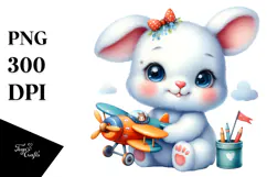 Smiling Baby Bunny with Airplane PNG Product Image 1