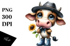 Expressive Watercolor Cow with Hat | SEO Friendly Clipart Product Image 1