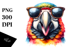 Vibrant Macaw Portrait with Sunglasses and Tongue Out Product Image 1