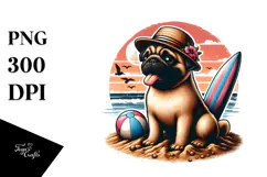 Sitting Pug in Sand with Surf and Ball | Clipart Product Image 1