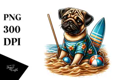 Sitting Pug in Sand with Surf and Ball | Clipart Product Image 1