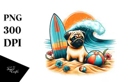 Sitting Pug in Sand with Surf and Ball | Clipart Product Image 1