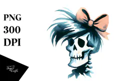 Skull with Hair and Bow Retro Halloween PNG Product Image 1