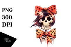 Skull with Hair and Bow Retro Halloween PNG Product Image 1