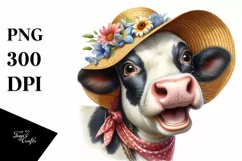 Cow Enthusiastic Cow with Sun Hat Clipart Product Image 1
