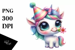 Expressive Watercolor Baby Unicorn with Party Hat | SEO Product Image 1