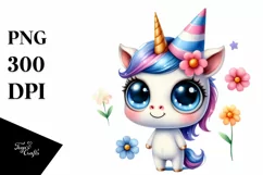 Expressive Watercolor Baby Unicorn with Party Hat | SEO Product Image 3