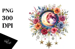 Vibrant Boho Moon Flowers Stars Watercolor Clipart Product Image 1
