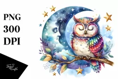 Vibrant Owl Sleeping on Moon | Hanging Stars | Clipart Product Image 1