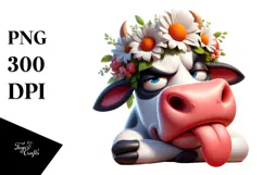 Cartoon Cow with Flower Crown, Sarcastic Expression, PNG Product Image 1