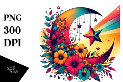 Vibrant Moon with Stars and Sunflowers PNG Product Image 1