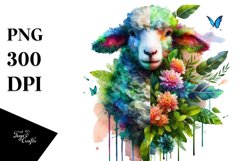 Abstract Vibrant Watercolor Lamb with Flowers, Transparent Product Image 1