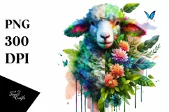 Abstract Vibrant Watercolor Lamb with Flowers, Transparent Product Image 1