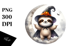 Washed Watercolor Sloth on Halloween Moon, PNG Product Image 1
