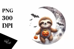 Washed Watercolor Sloth on Halloween Moon, PNG Product Image 3