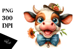Funny Baby Cow with Bow and Tie PNG Product Image 1