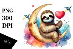Colorful Sloth on Moon Holding Heart PNG Product Image 1