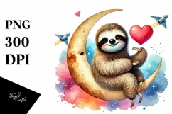 Colorful Sloth on Moon Holding Heart PNG Product Image 1
