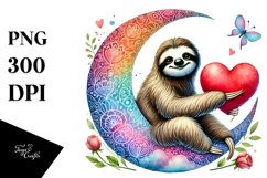 Colorful Sloth on Moon Holding Heart PNG Product Image 1