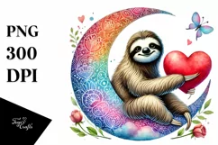 Colorful Sloth on Moon Holding Heart PNG Product Image 1