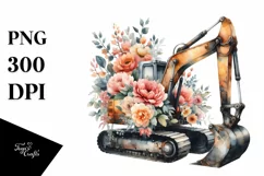 Vintage Excavator with Huge Flowers, PNG Product Image 1