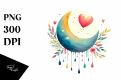 Washed Watercolor Moon with Hearts PNG Product Image 1