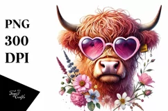 Pink Highland Cow with Heart Shaped Sunglasses, Transparent Product Image 1
