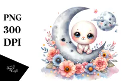 Cute Smiling Flowers on Moon | Sublimation | Clipart Product Image 1