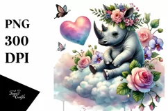 Adorned Rhino on Cloud Holding Heart PNG Product Image 1