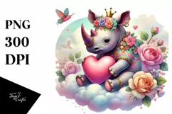 Adorned Rhino on Cloud Holding Heart PNG Product Image 1