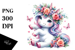 Cute Unicorn Playing with Floral Wreath PNG Product Image 1