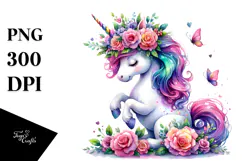 Cute Unicorn Playing with Floral Wreath PNG Product Image 1