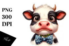 Funny Cow with Bow and Tie, Watercolor PNG Product Image 1