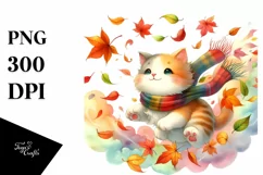 Colorful Cat with Autumn Leaves PNG Product Image 3