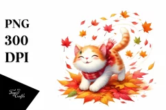 Colorful Cat with Autumn Leaves PNG Product Image 1