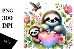 Baby Sloth Heart Watercolor PNG Product Image 1