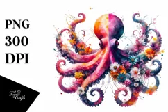 Half Flower Octopus Watercolor | Sublimation Clipart Product Image 1
