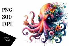 Half Flower Octopus Watercolor | Sublimation Clipart Product Image 1
