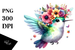 Cute Watercolor Hummingbird with Vibrant Flower Crown PNG Product Image 1