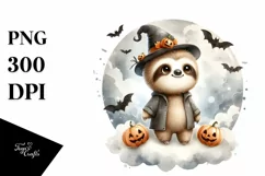 Digital Painting Sloth on Halloween Cloud, PNG Product Image 1