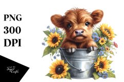 Cute Baby Highland Cow with Sunflower, PNG Product Image 1