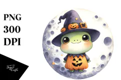 Washed Watercolor Frog on Halloween Moon, PNG Product Image 1