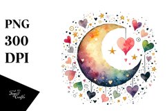 Digital Painting of Watercolor Moon with Hanging Hearts Product Image 1