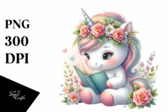 Cute Baby Unicorn Reading With | Sublimation | Clipart Product Image 1