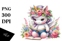 Baby Unicorn Reading Flowers | Clipart Product Image 1