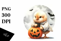 Washed Watercolor Chicken on Halloween Moon, PNG Product Image 1
