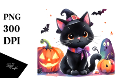 Cute Baby Black Cat Halloween Drawing | Sublimation Clipart Product Image 1