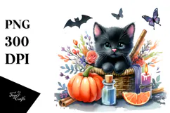 Cute Baby Black Cat Halloween Drawing | Sublimation Clipart Product Image 1