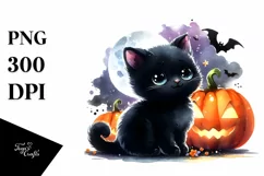 Cute Baby Black Cat Halloween Drawing | Sublimation Clipart Product Image 1